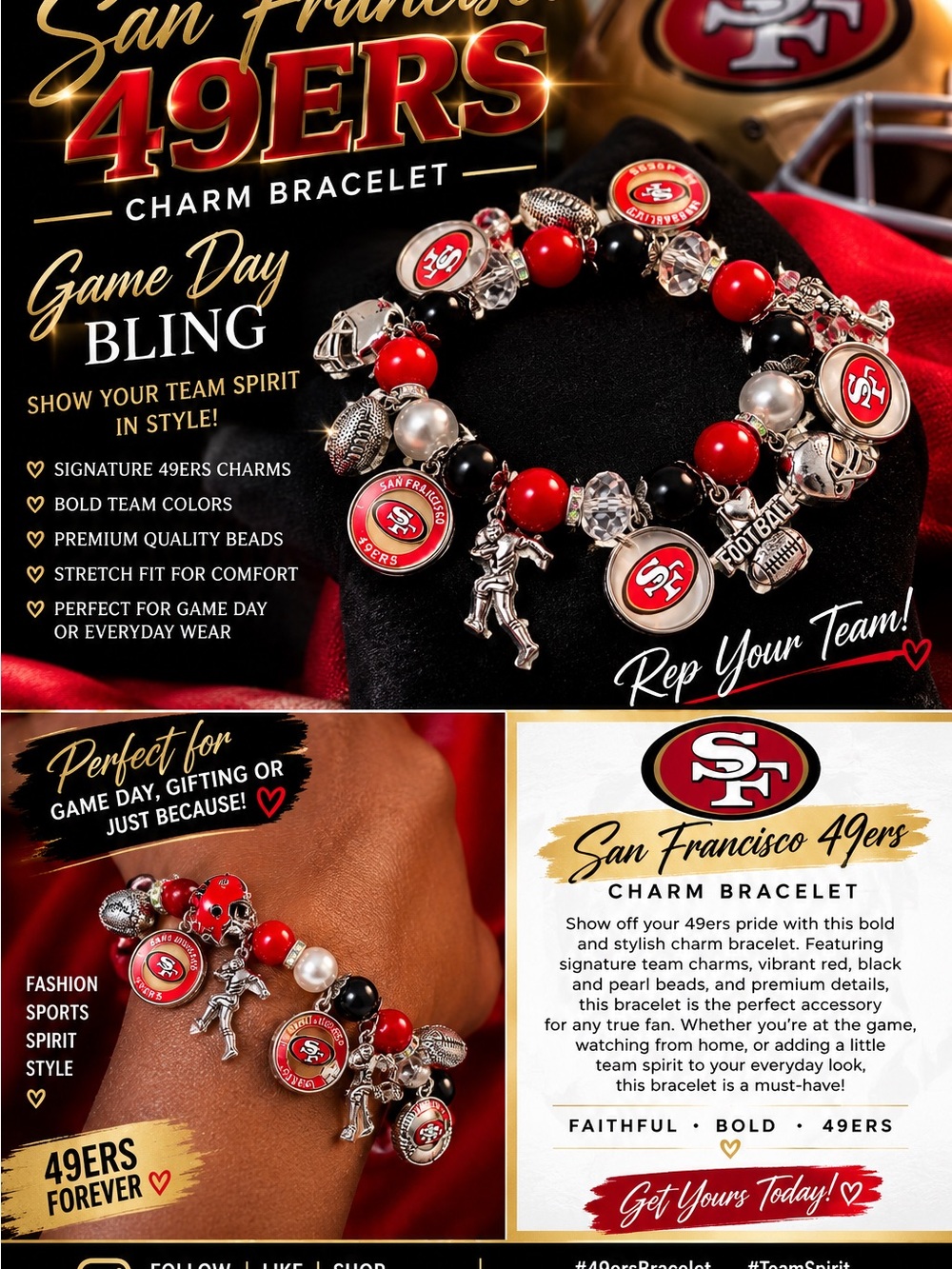 San Francisco 49ers Charm Bracelet - Red, Black & Silver Team Bracelet